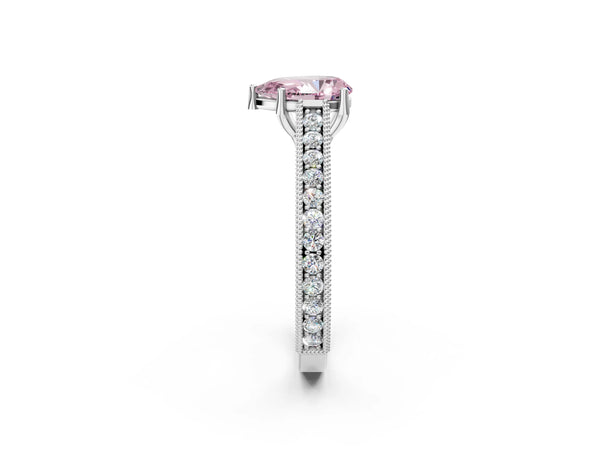 White gold Fancy Pink Pear Cut Cut Pave Band Milgrain Solitaire Ring