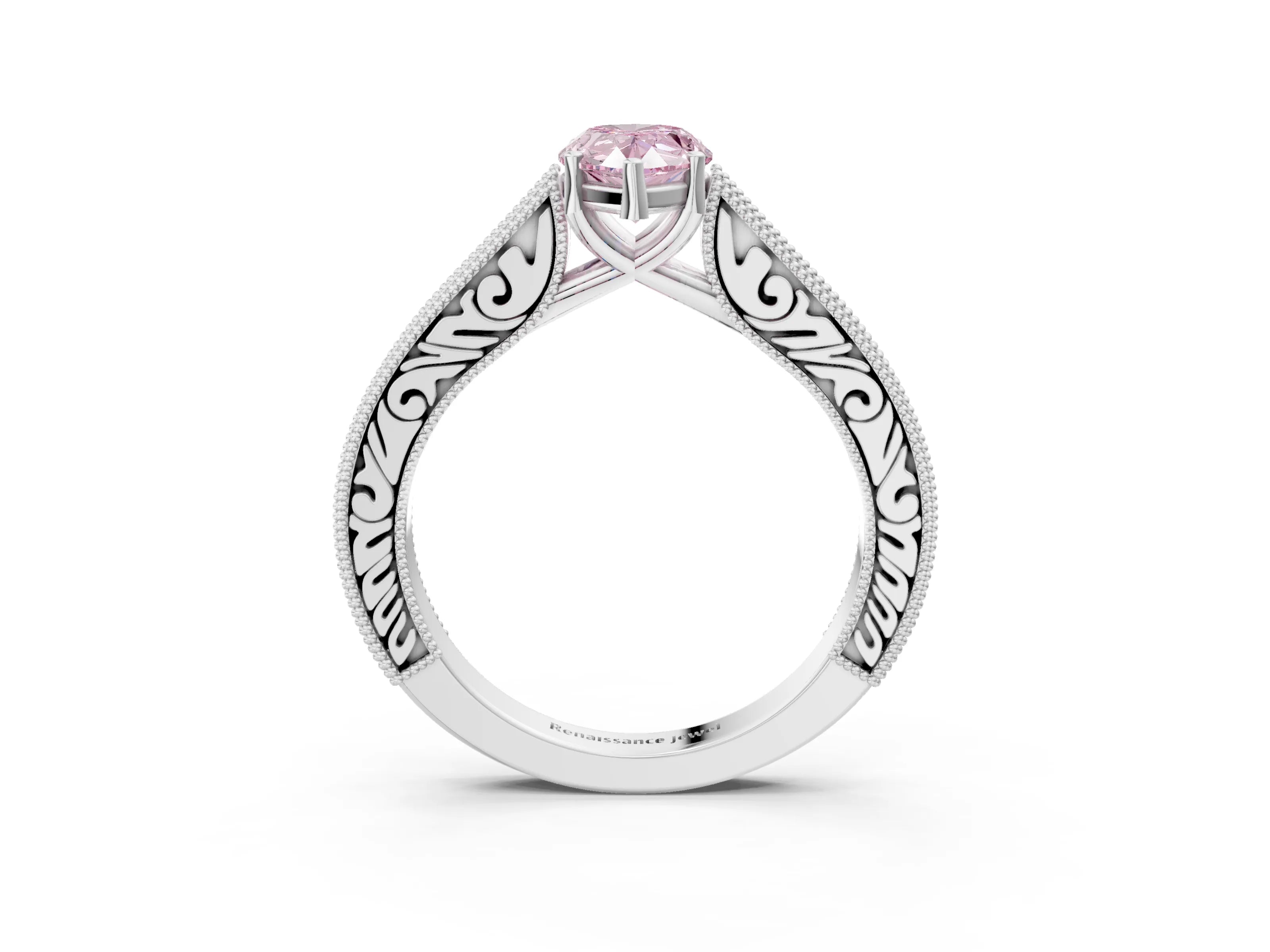 White gold Fancy Pink Pear Cut Cut Pave Band Milgrain Solitaire Ring_3