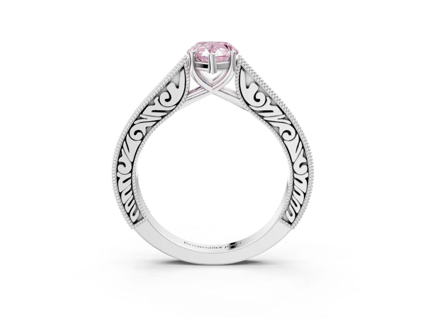 White gold Fancy Pink Pear Cut Cut Pave Band Milgrain Solitaire Ring