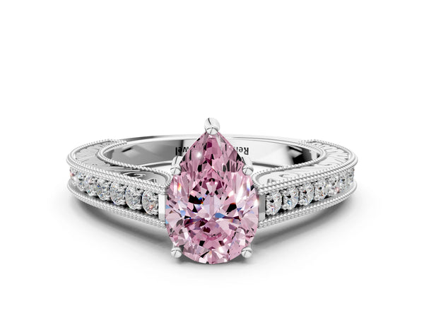 White gold Fancy Pink Pear Cut Cut Pave Band Milgrain Solitaire Ring