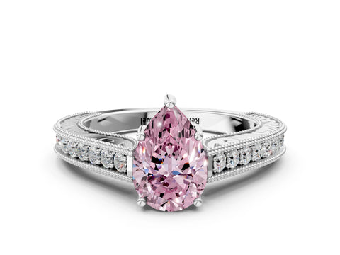 White gold Fancy Pink Pear Cut Cut Pave Band Milgrain Solitaire Ring