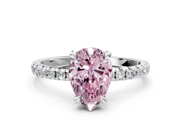 White gold Fancy Pink Pear Cut Diamond Brilliant Solitaire Ring with Pavé Band and Four-Prong Setting