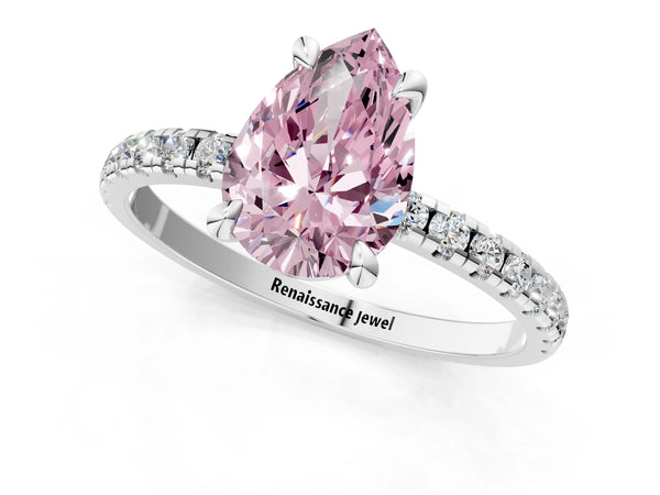 White gold Fancy Pink Pear Cut Diamond Brilliant Solitaire Ring with Pavé Band and Four-Prong Setting