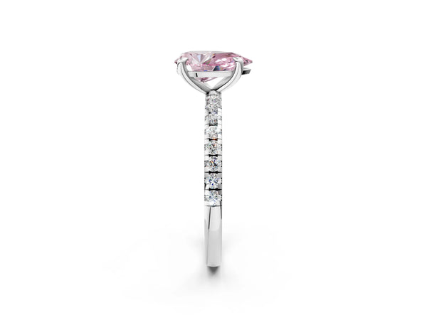 White gold Fancy Pink Pear Cut Diamond Brilliant Solitaire Ring with Pavé Band and Four-Prong Setting