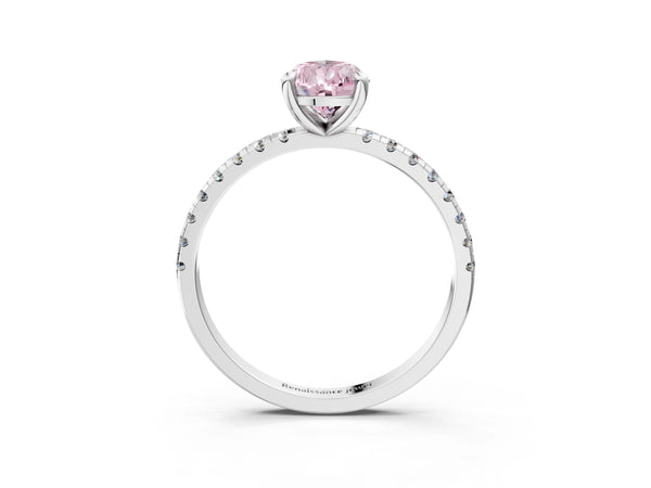 White gold Fancy Pink Pear Cut Diamond Brilliant Solitaire Ring with Pavé Band and Four-Prong Setting