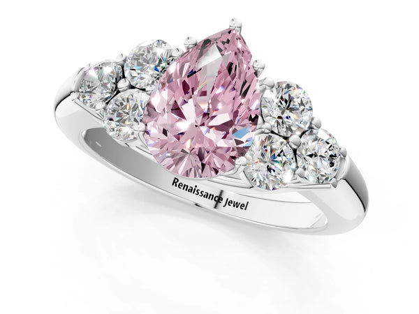 Platinum Fancy Pink Pear  Cut Diamond Cluster Ring with Round Accent Stones and Prong Setting on a Classic Band