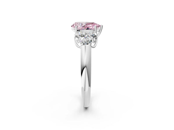 Platinum Fancy Pink Pear  Cut Diamond Cluster Ring with Round Accent Stones and Prong Setting on a Classic Band