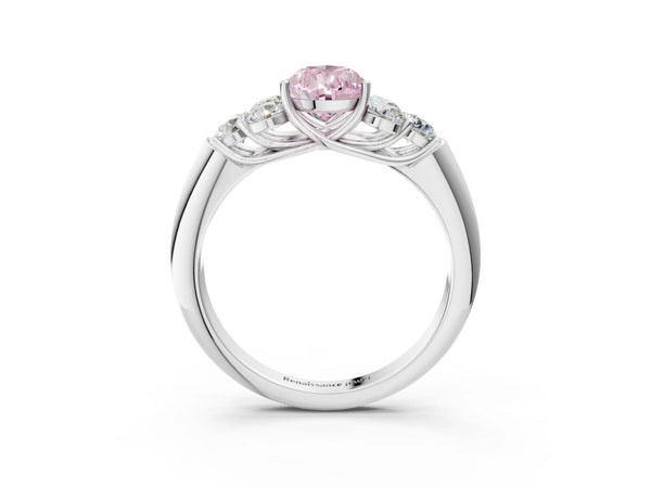 Platinum Fancy Pink Pear  Cut Diamond Cluster Ring with Round Accent Stones and Prong Setting on a Classic Band