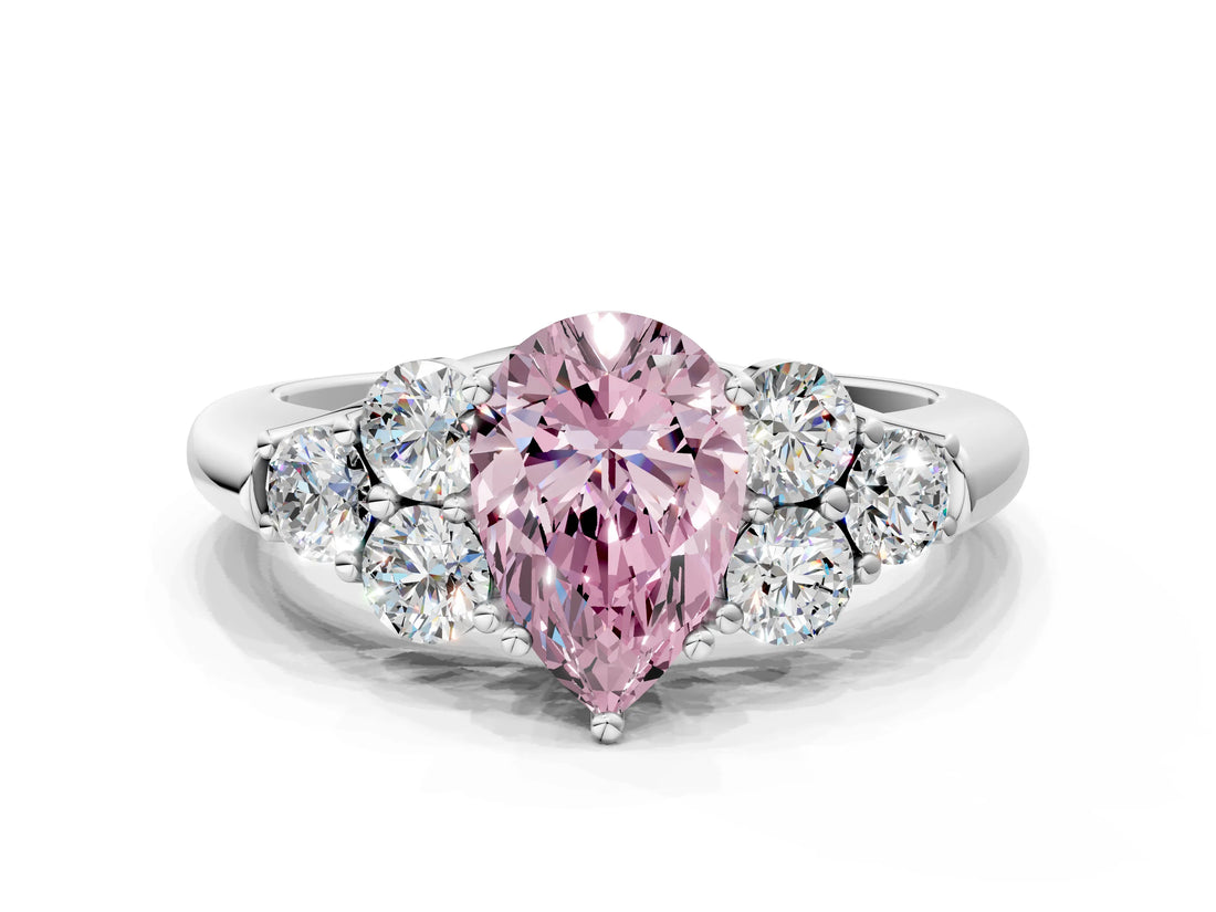 White gold Fancy Pink Pear  Cut Diamond Cluster Ring with Round Accent Stones and Prong Setting on a Classic Band_49