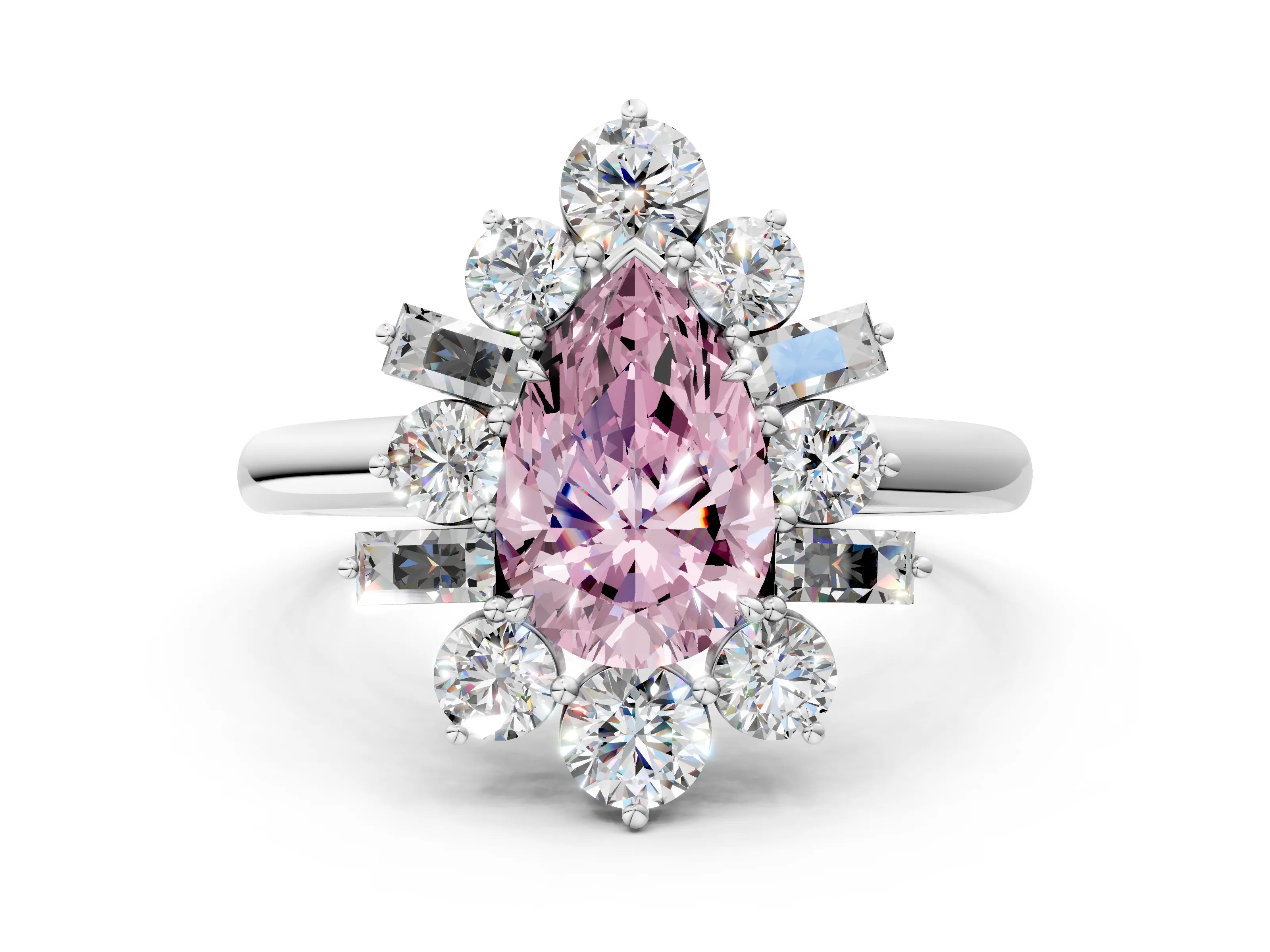 White gold Fancy Pink Pear Cut Diamond Cluster Ring with Round and Baguette Stones, Split Shank Band, Prong Setting