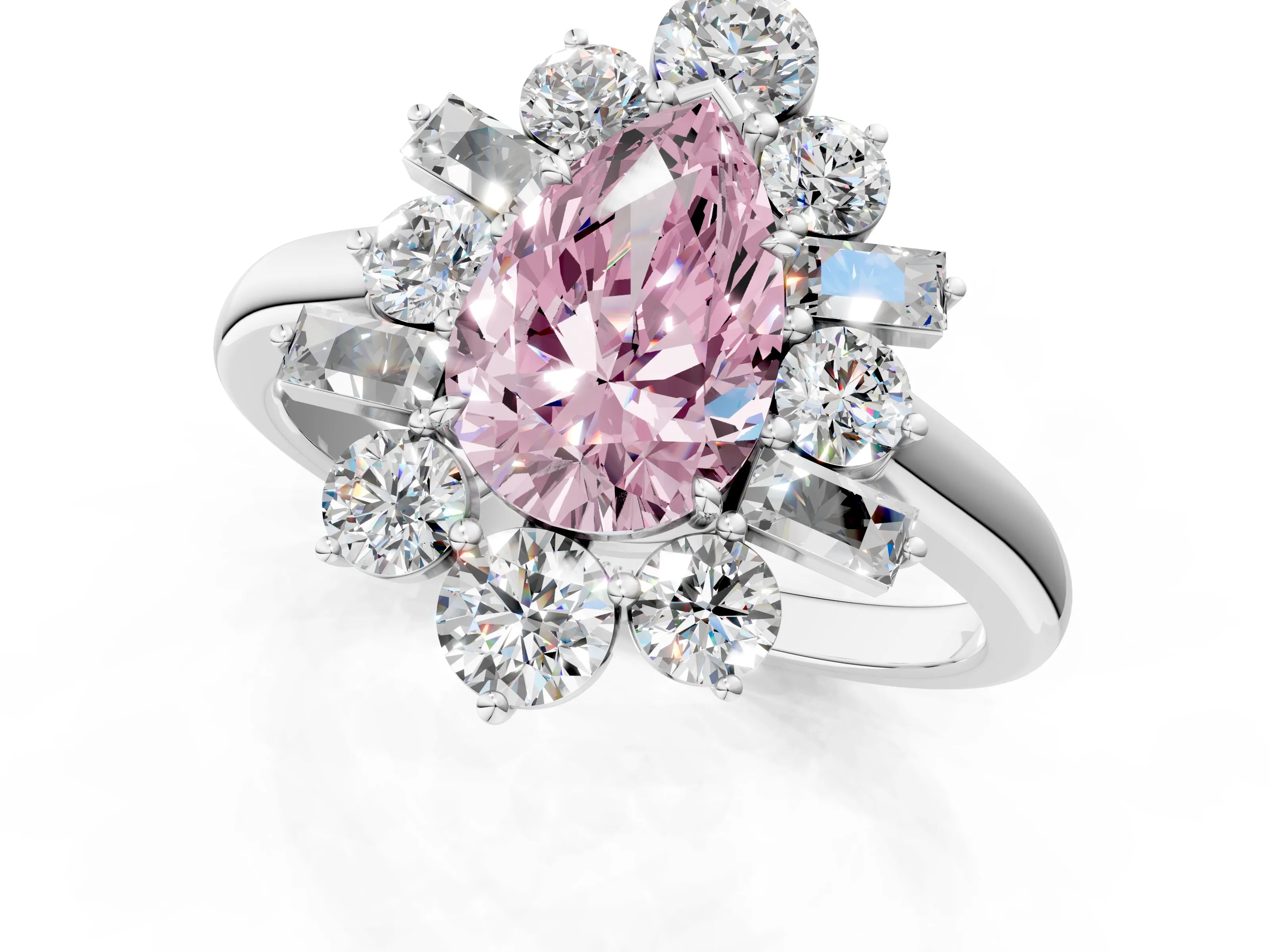 White gold Fancy Pink Pear Cut Diamond Cluster Ring with Round and Baguette Stones, Split Shank Band, Prong Setting_13