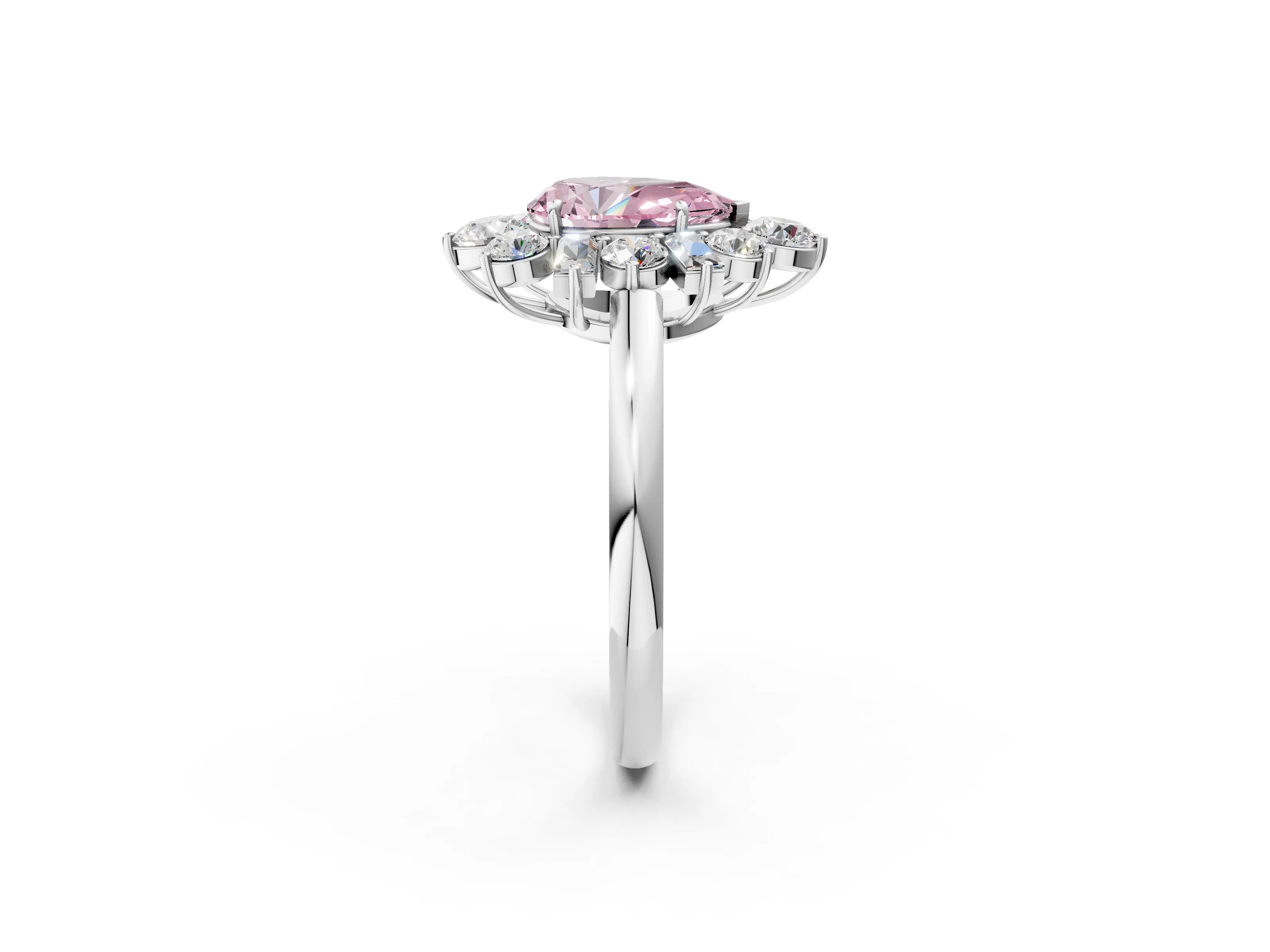 White gold Fancy Pink Pear Cut Diamond Cluster Ring with Round and Baguette Stones, Split Shank Band, Prong Setting_14