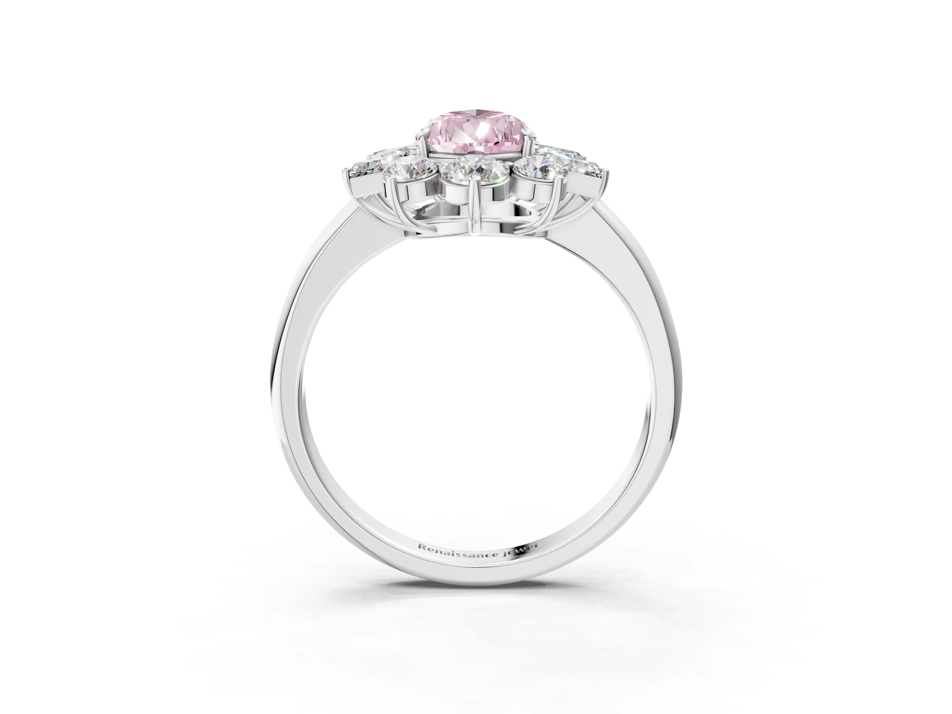 White gold Fancy Pink Pear Cut Diamond Cluster Ring with Round and Baguette Stones, Split Shank Band, Prong Setting_15