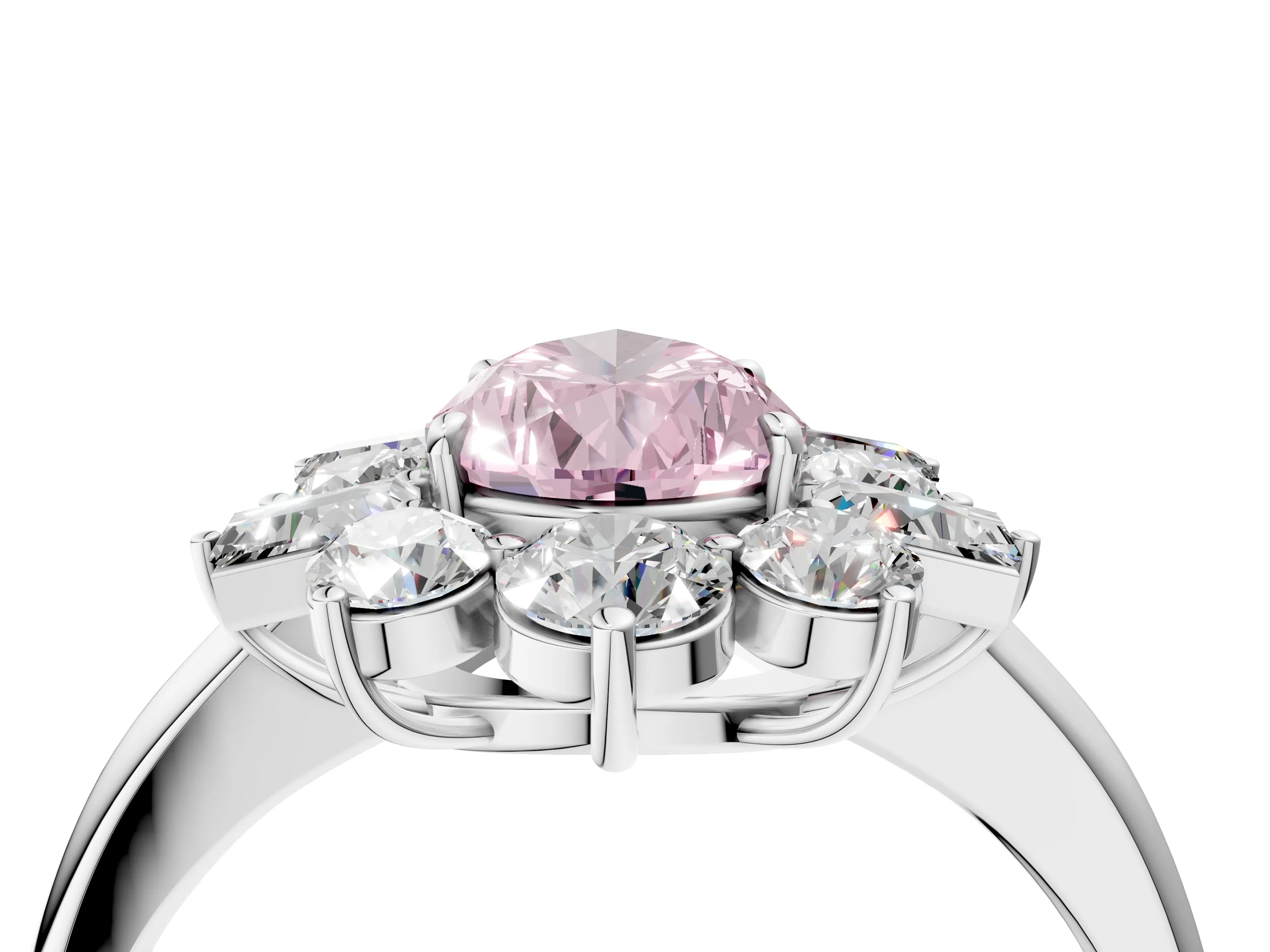 White gold Fancy Pink Pear Cut Diamond Cluster Ring with Round and Baguette Stones, Split Shank Band, Prong Setting_16