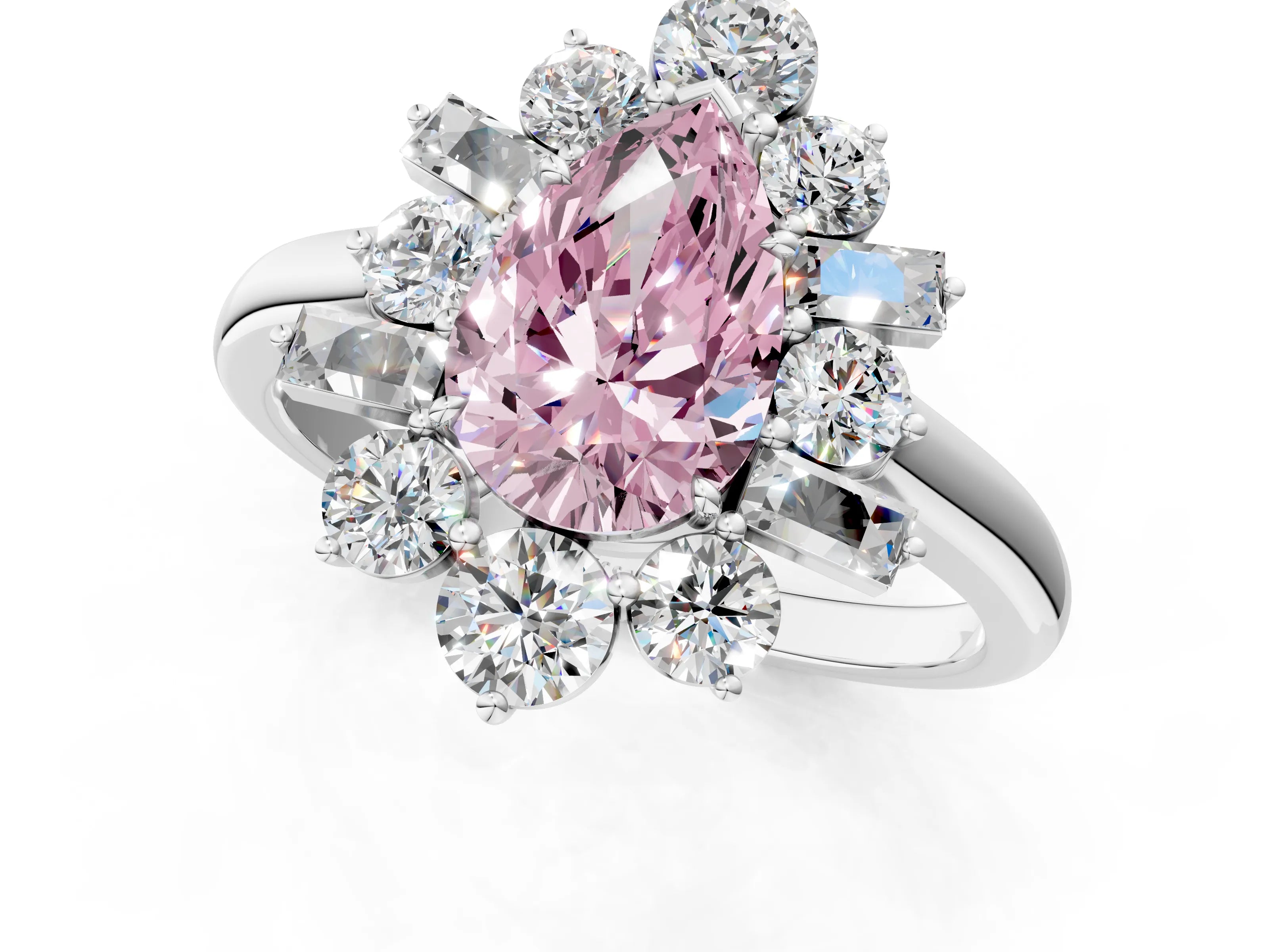 White gold Fancy Pink Pear Cut Diamond Cluster Ring with Round and Baguette Stones, Split Shank Band, Prong Setting_1
