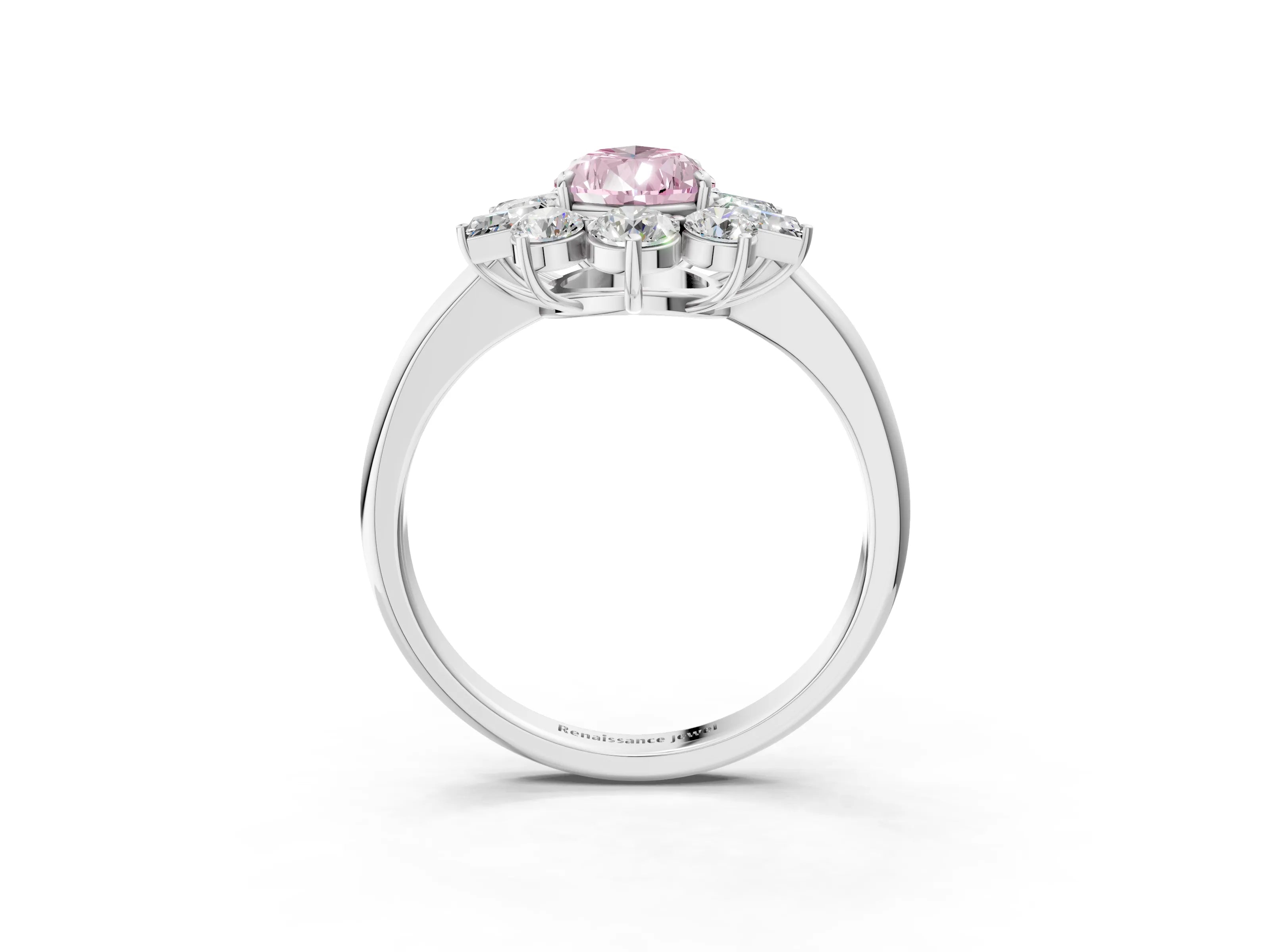 White gold Fancy Pink Pear Cut Diamond Cluster Ring with Round and Baguette Stones, Split Shank Band, Prong Setting_3
