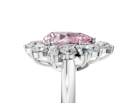 White gold Fancy Pink Pear Cut Diamond Cluster Ring with Round and Baguette Stones, Split Shank Band, Prong Setting_5