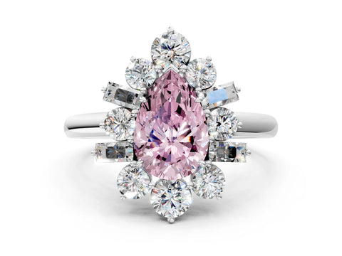 White gold Fancy Pink Pear Cut Diamond Cluster Ring with Round and Baguette Stones, Split Shank Band, Prong Setting