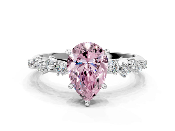 Platinum Fancy Pink Pear Cut Diamond Cluster Side Stone Solitaire Ring with Prong Setting