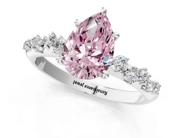 Platinum Fancy Pink Pear Cut Diamond Cluster Side Stone Solitaire Ring with Prong Setting