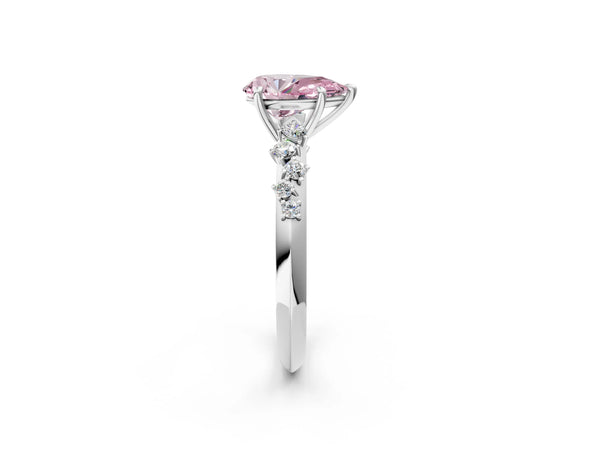 Platinum Fancy Pink Pear Cut Diamond Cluster Side Stone Solitaire Ring with Prong Setting