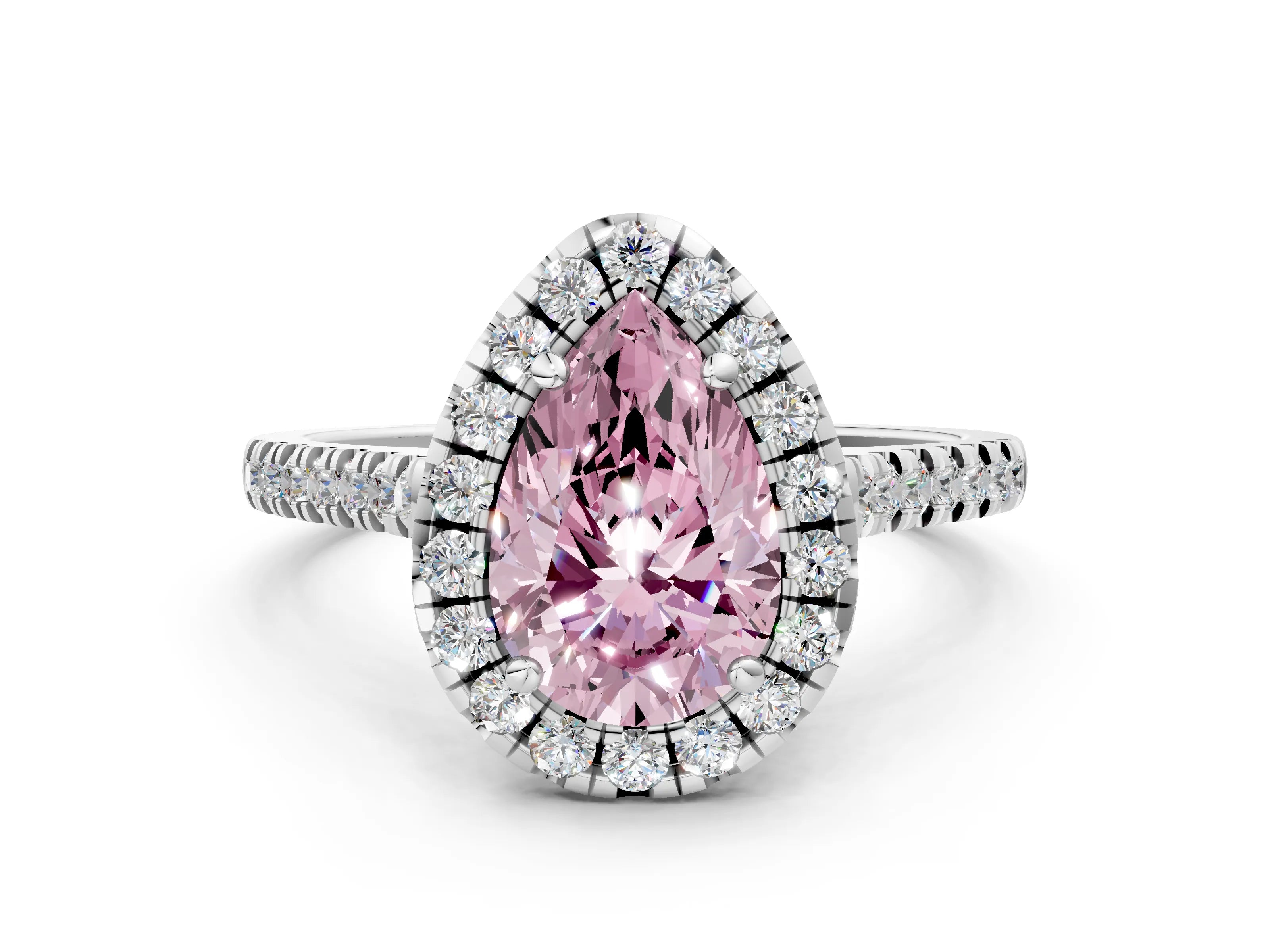 White gold Fancy Pink Pear Cut Diamond Cushion Halo Ring with Pavé Band