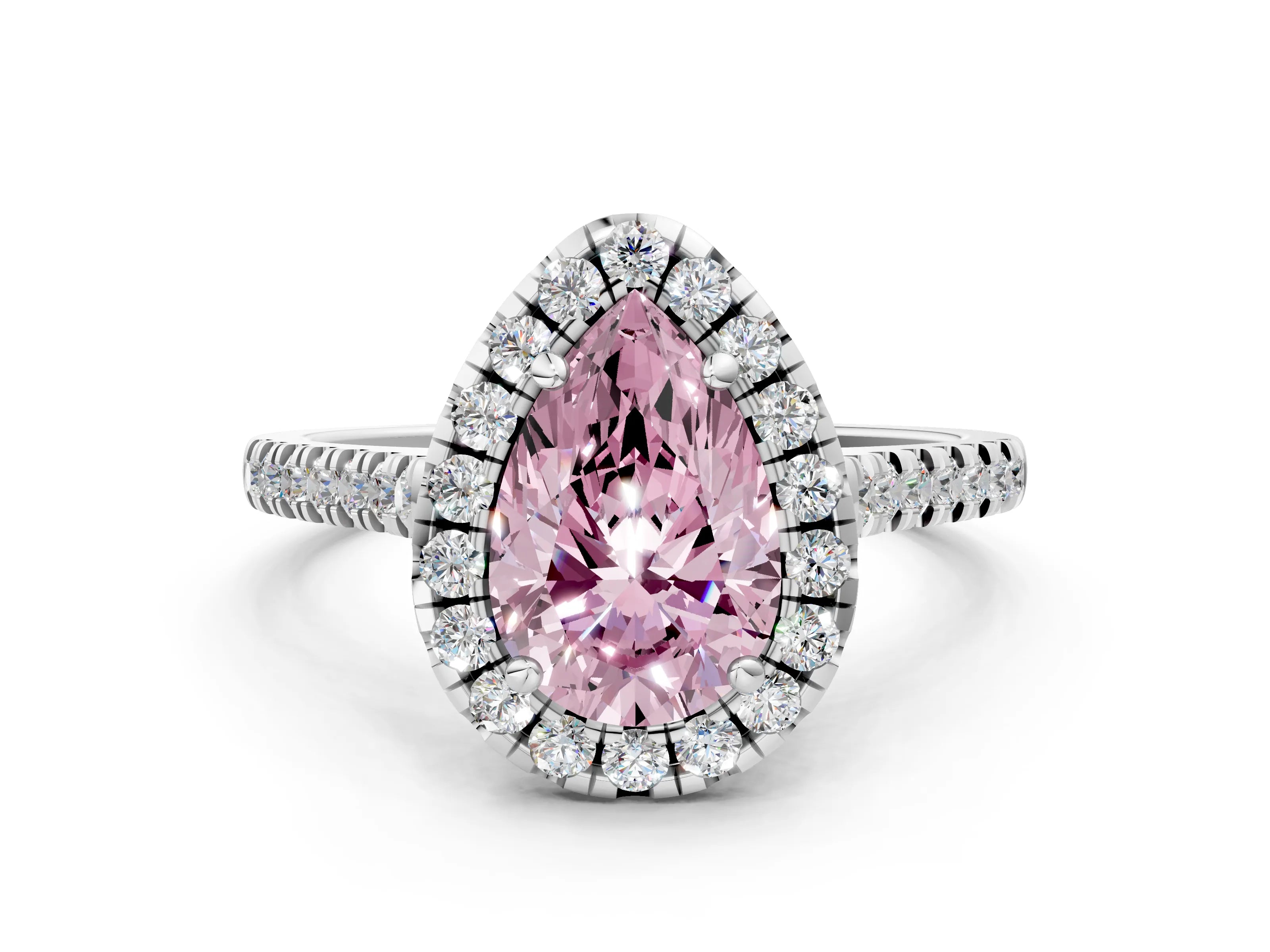 White gold Fancy Pink Pear Cut Diamond Cushion Halo Ring with Pavé Band