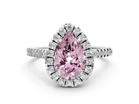 White gold Fancy Pink Pear Cut Diamond Cushion Halo Ring with Pavé Band