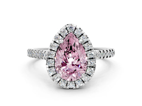 White gold Fancy Pink Pear Cut Diamond Cushion Halo Ring with Pavé Band