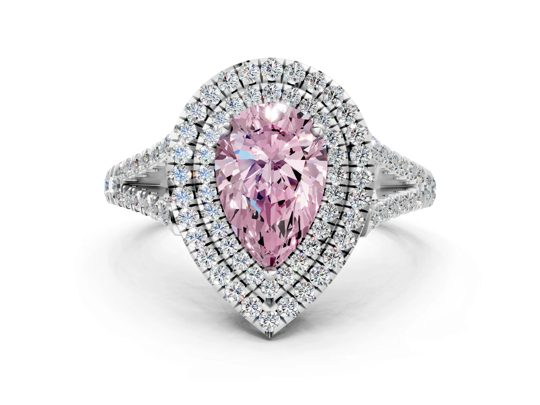 White gold Fancy Pink Pear Cut Diamond Double Halo Ring with Pavé Band and Prong Setting_92