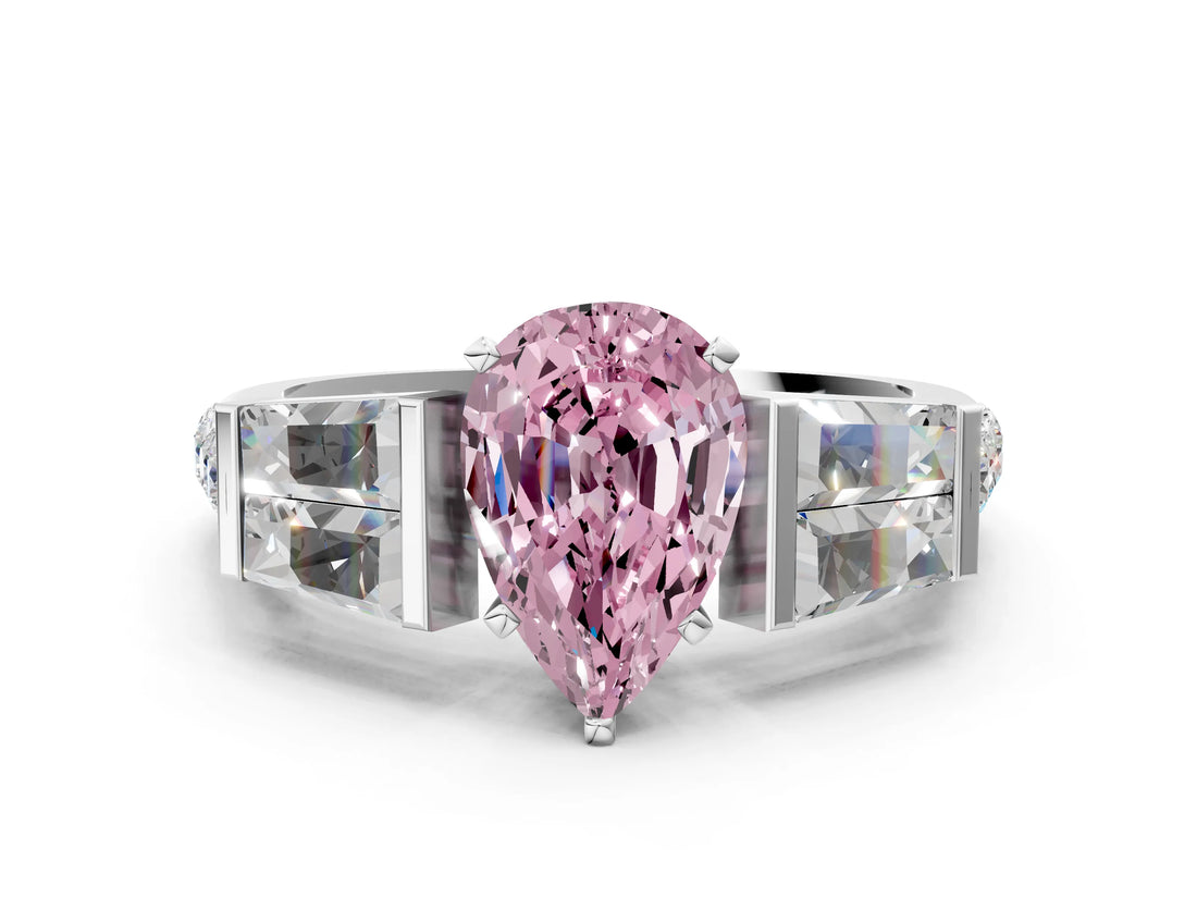 White gold Fancy Pink Pear Cut Diamond Engagement Ring with Baguette Side Stones and Channel Set Band_32