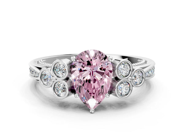 White gold Fancy Pink Pear  Cut Diamond Engagement Ring with Bezel Set Round Side Stones and Prong Setting