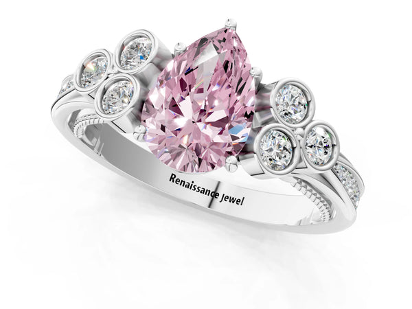 White gold Fancy Pink Pear  Cut Diamond Engagement Ring with Bezel Set Round Side Stones and Prong Setting