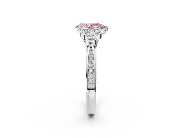White gold Fancy Pink Pear  Cut Diamond Engagement Ring with Bezel Set Round Side Stones and Prong Setting