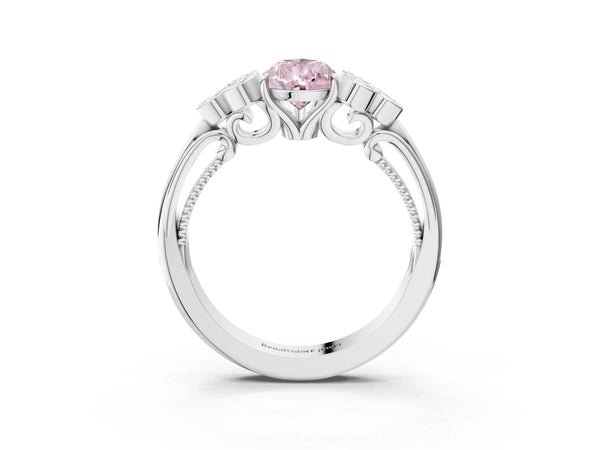 White gold Fancy Pink Pear  Cut Diamond Engagement Ring with Bezel Set Round Side Stones and Prong Setting