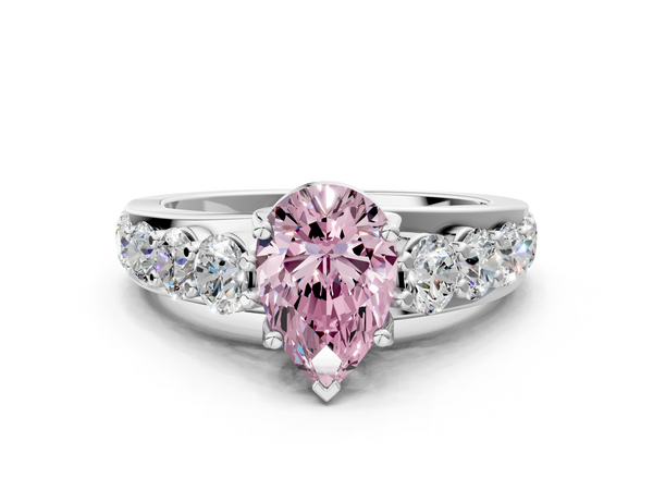 Platinum Fancy Pink Pear Cut Diamond Engagement Ring with Pavé Band and Four-Prong Setting
