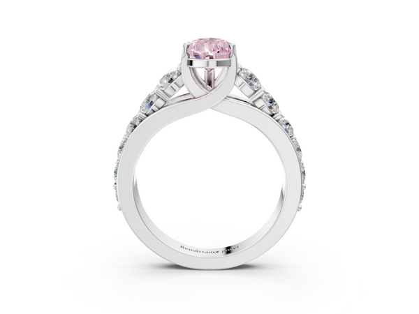 Platinum Fancy Pink Pear Cut Diamond Engagement Ring with Pavé Band and Four-Prong Setting