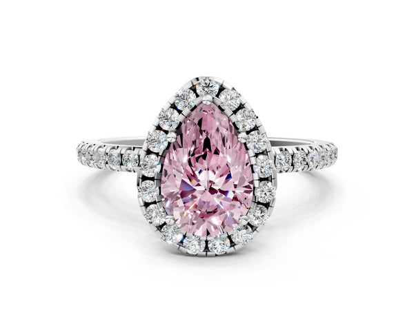 Platinum Fancy Pink Pear  Cut Diamond Floral Halo Engagement Ring with Pavé Band and Prong Setting
