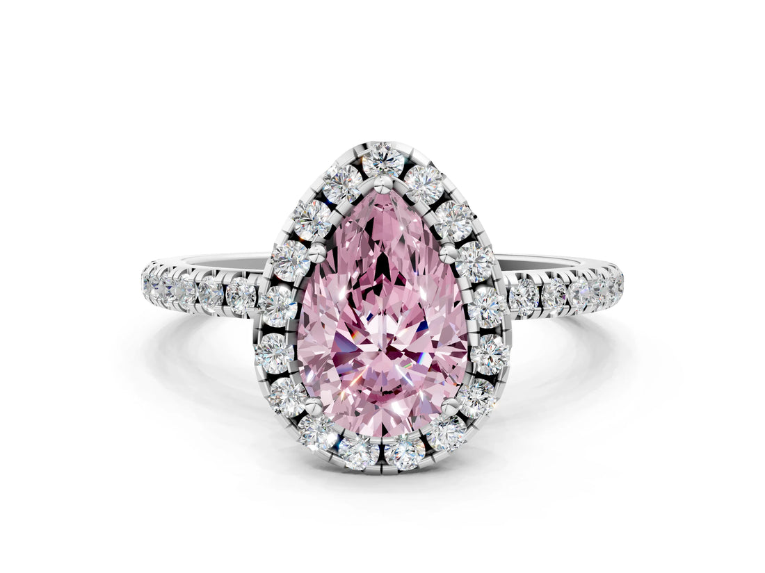 White gold Fancy Pink Pear  Cut Diamond Floral Halo Engagement Ring with Pavé Band and Prong Setting_49