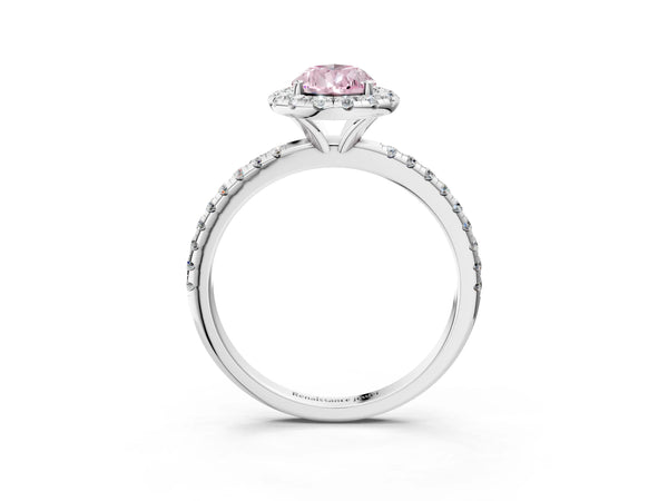 Platinum Fancy Pink Pear  Cut Diamond Floral Halo Engagement Ring with Pavé Band and Prong Setting