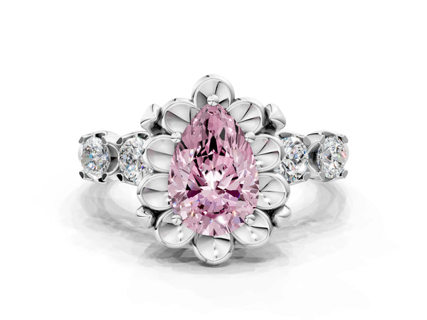 White gold Fancy Pink Pear  Cut Diamond Floral Halo Engagement Ring with Shared Prong Setting