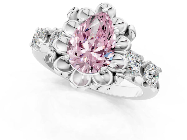 White gold Fancy Pink Pear  Cut Diamond Floral Halo Engagement Ring with Shared Prong Setting