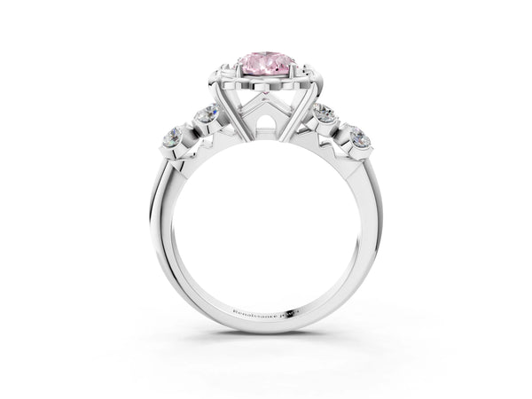 White gold Fancy Pink Pear  Cut Diamond Floral Halo Engagement Ring with Shared Prong Setting
