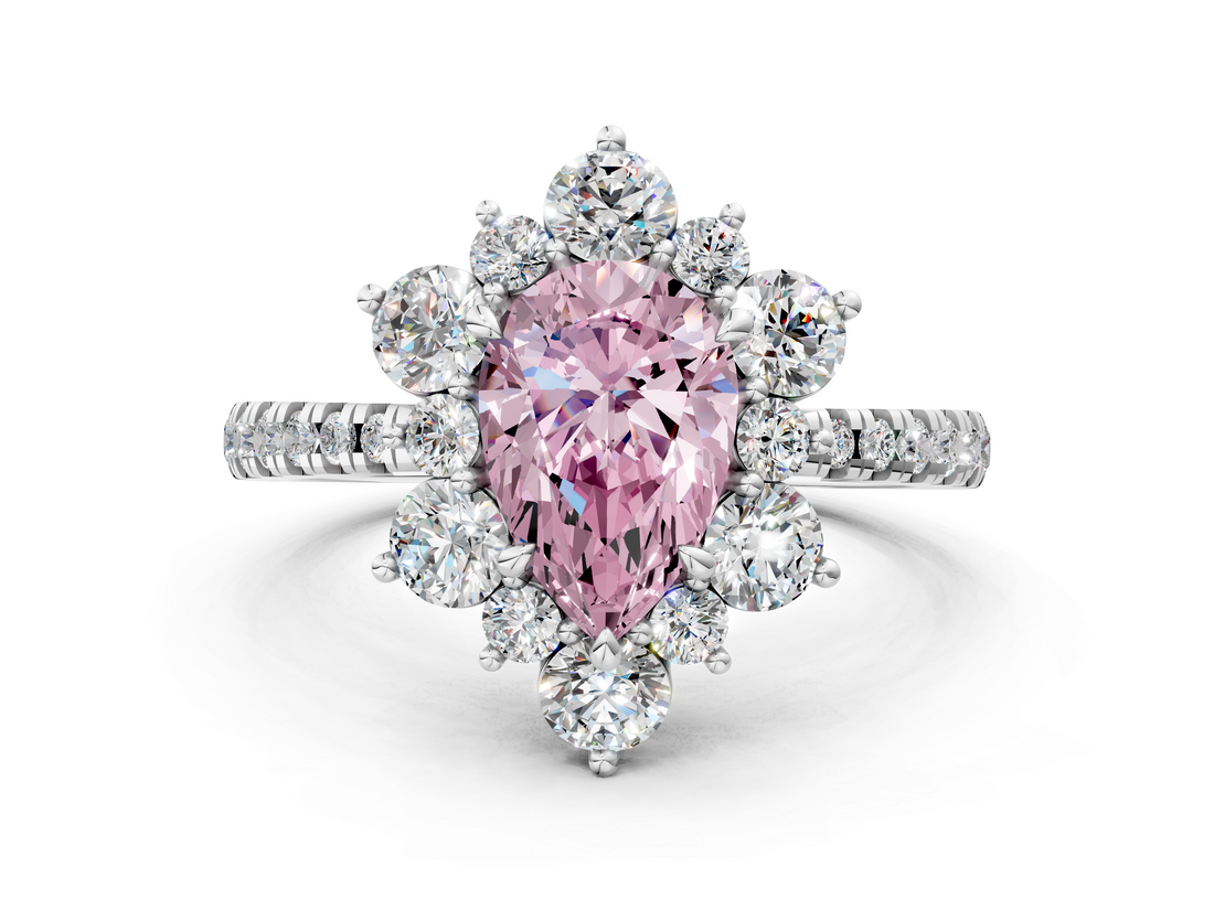 White gold Fancy Pink Pear  Cut Diamond Floral Halo Pave Band with Prong Setting_39