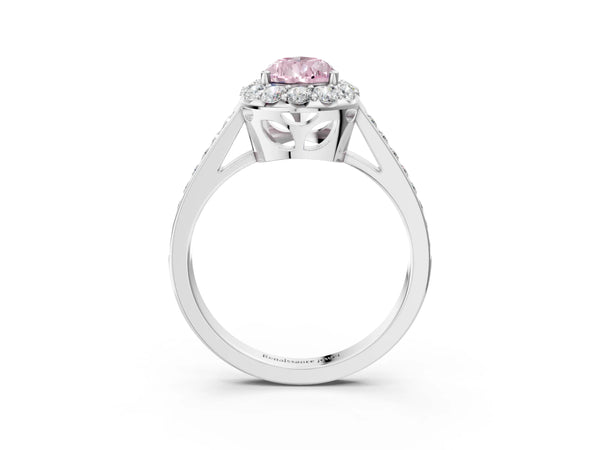 Platinum Fancy Pink Pear Cut Diamond Floral Halo Ring with Pavé Band and Prong Setting