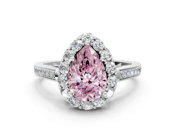 Platinum Fancy Pink Pear Cut Diamond Floral Halo Ring with Pavé Band and Prong Setting