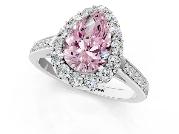 Platinum Fancy Pink Pear Cut Diamond Floral Halo Ring with Pavé Band and Prong Setting