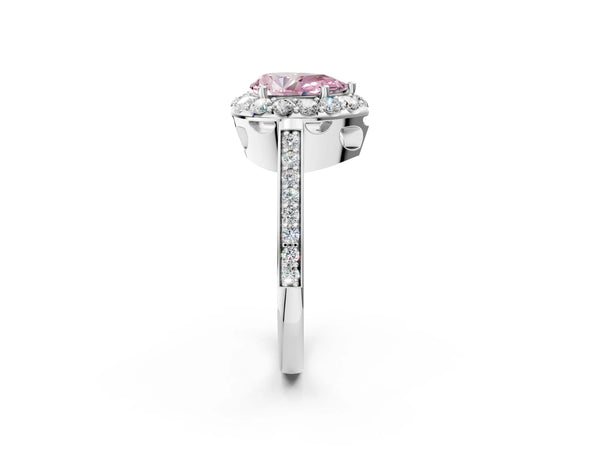 Platinum Fancy Pink Pear Cut Diamond Floral Halo Ring with Pavé Band and Prong Setting