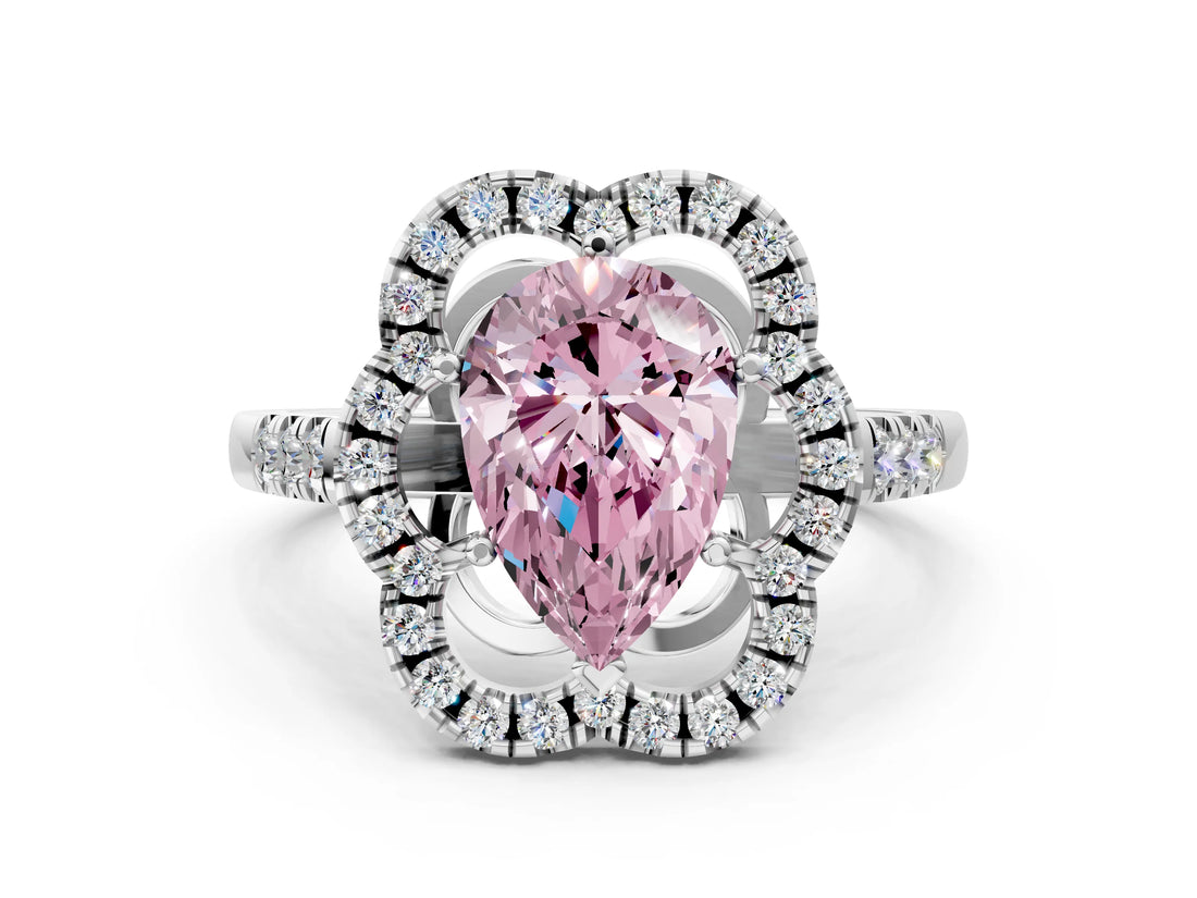 White gold Fancy Pink Pear Cut Diamond Floral Halo Split Shank Prong Setting Ring
