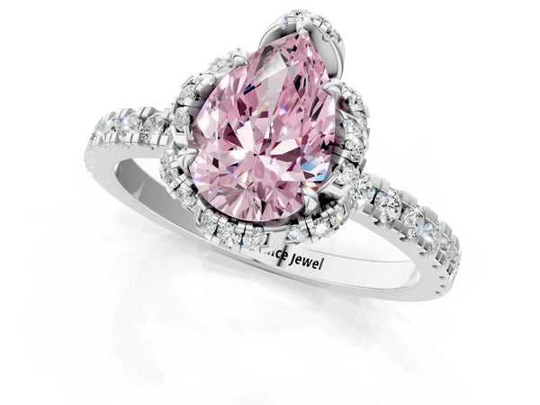 White gold Fancy Pink Pear Cut Diamond Halo Pave Band with Four-Prong Setting